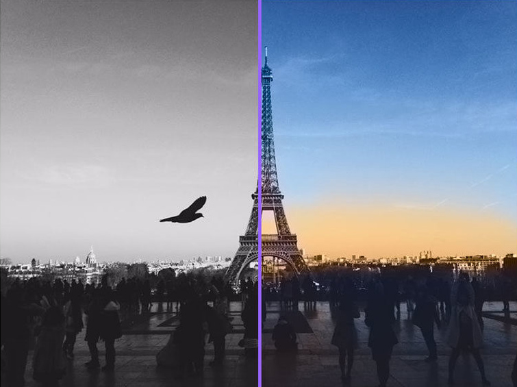 eiffel tower colorization and black and white