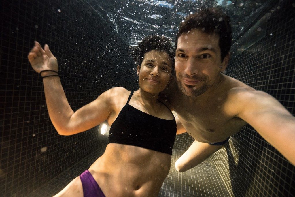 people portrait freezing cold pool